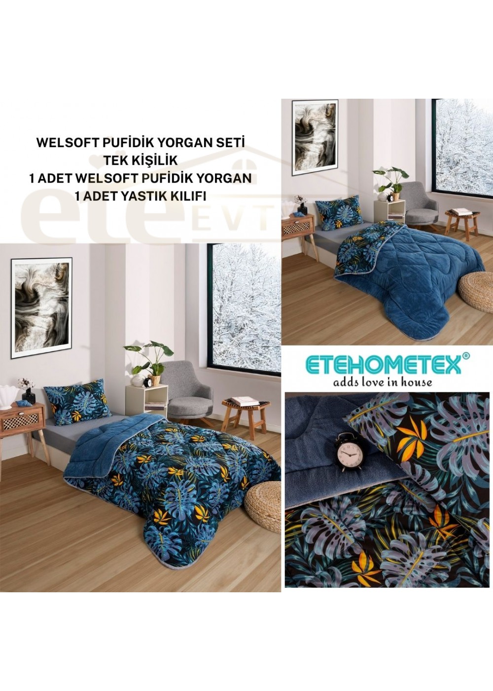 ETE HOMETEX TEK KİŞİLİK LÜX WELSOFT YORGAN SETİ MONESTERA İNDİGO 155X215CM 8696474231888